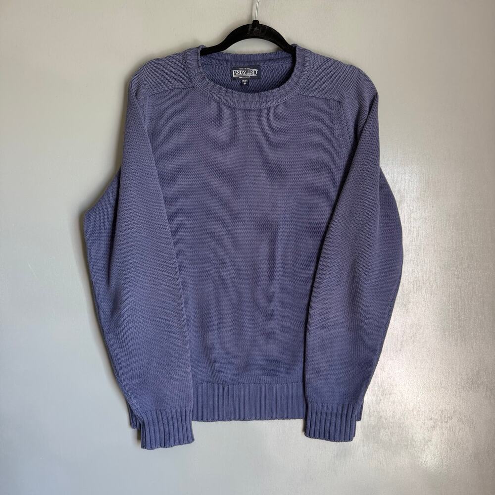 Vintage LANDS' END Men's Medium Blue Cotton Knit Pullover Crewneck Sweater Retro